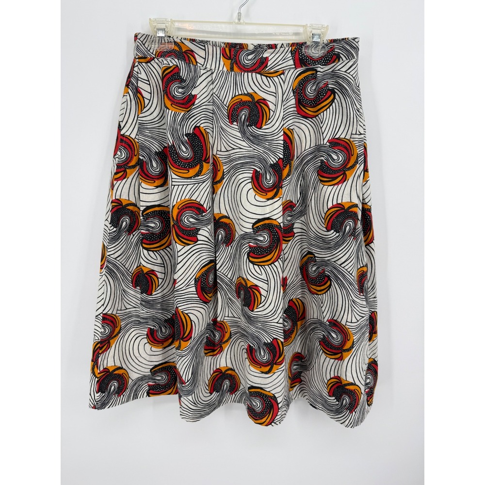 World Market Midi Skirt‎ Womens S/M White Orange Red Abstract Swirl Cotton NEW